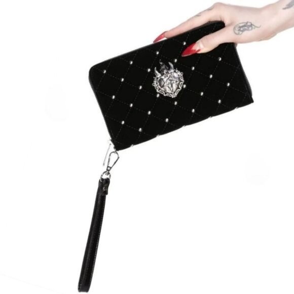 Killstar ✦ Unsacred Heart Velvet Wallet ✦ Black Studded Zip Clutch Deadstock NWT - Picture 1 of 5